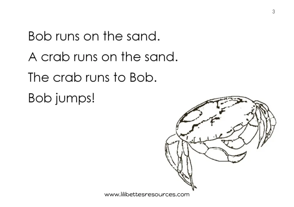 Bob and the crab: students read four short sentences with blend words crab, sand and jumps beside a crab drawing