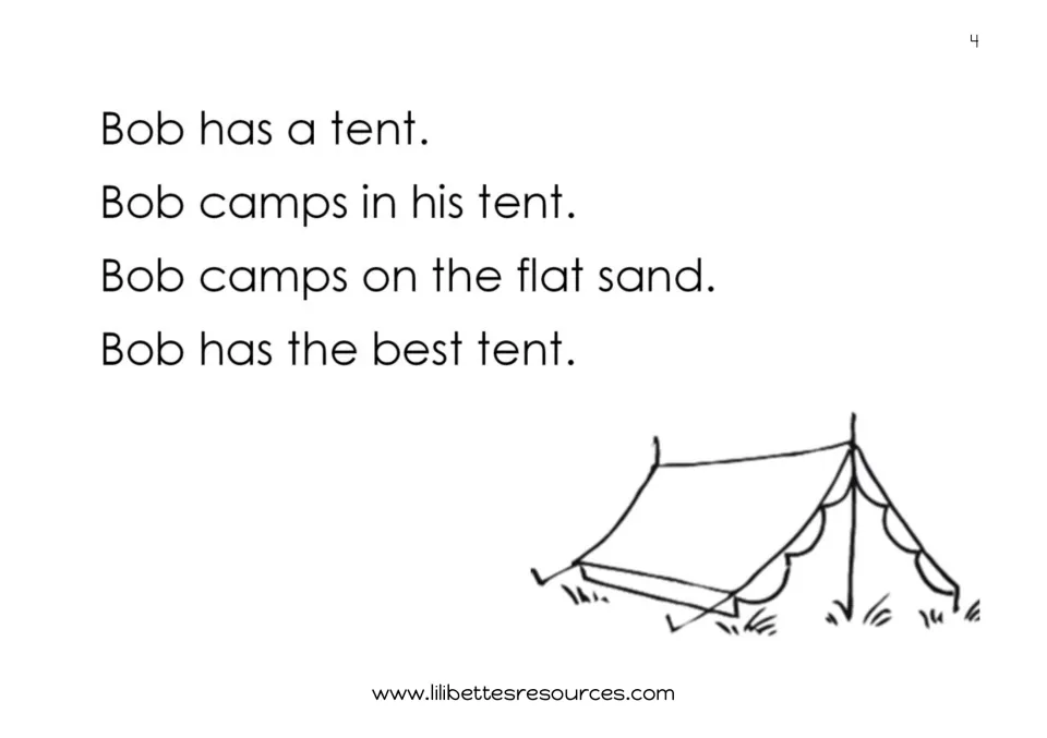Bob camps in his tent: students read four sentences using blend words tent, camps, flat and best beside a tent drawing