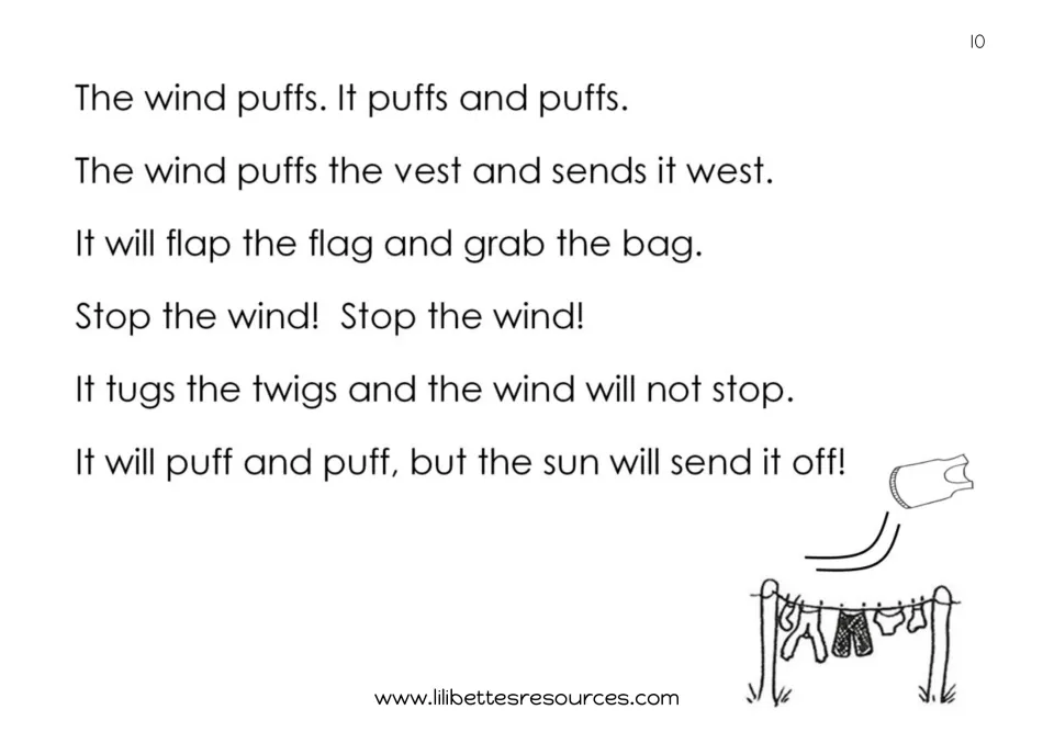 The wind puffs: students read six sentences with blends such as vest, west, flag, grab, stop and twigs by a washing line