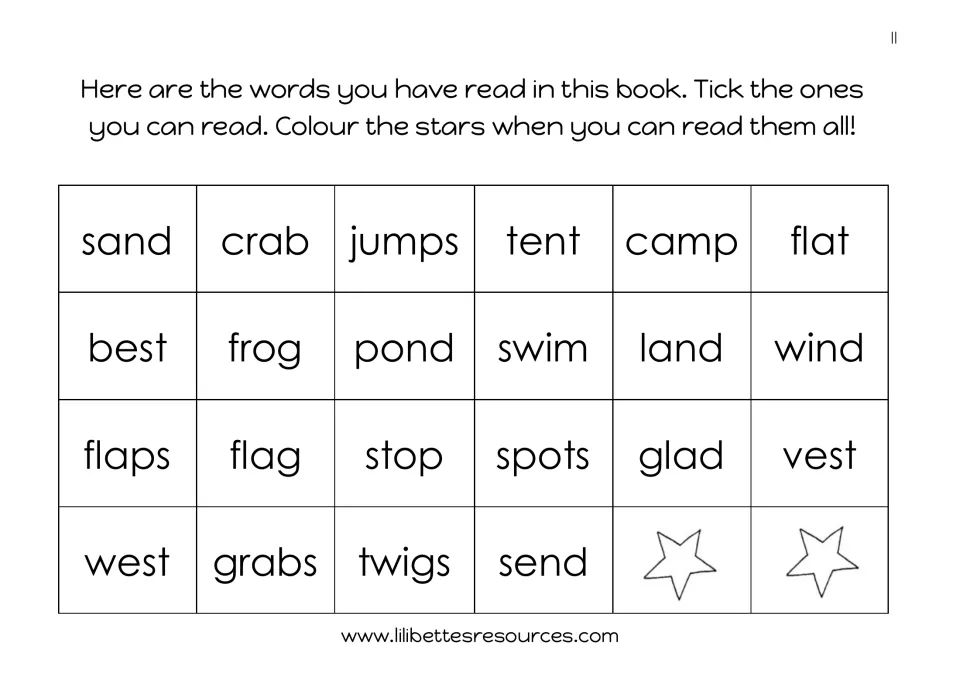 Blend word review: students tick each of 22 words they can read, such as crab, frog, swim and twigs, then colour two stars