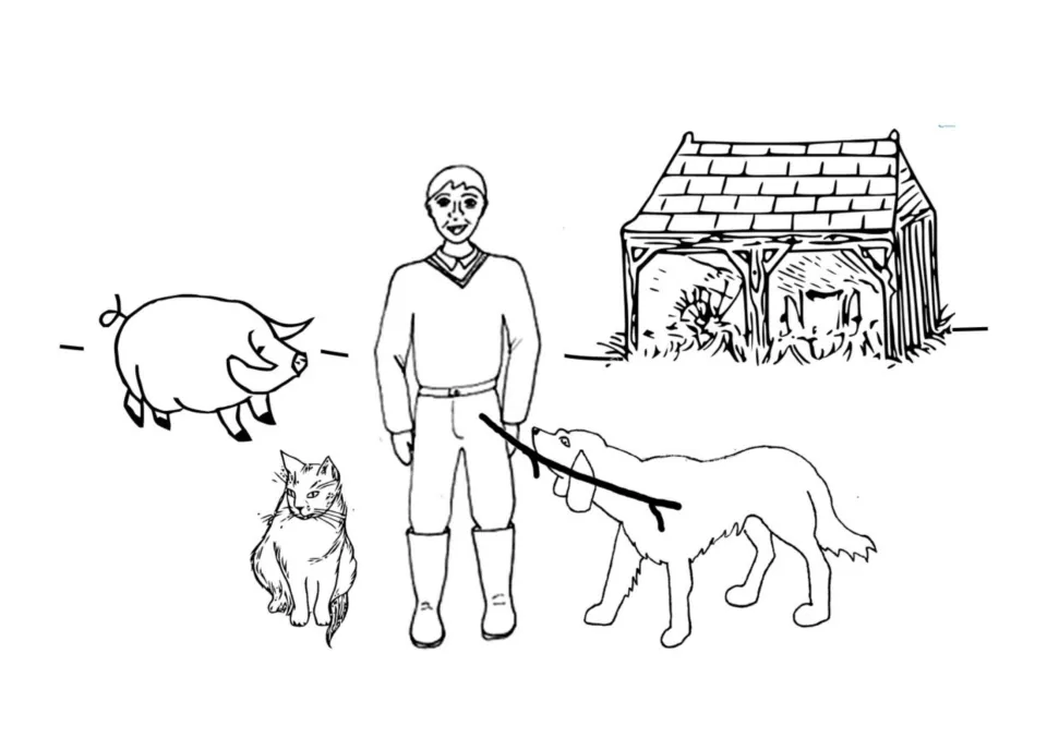 Illustration to discuss and colour: Tom in boots stands by a pig, a cat and a dog with a stick, beside an open farm barn