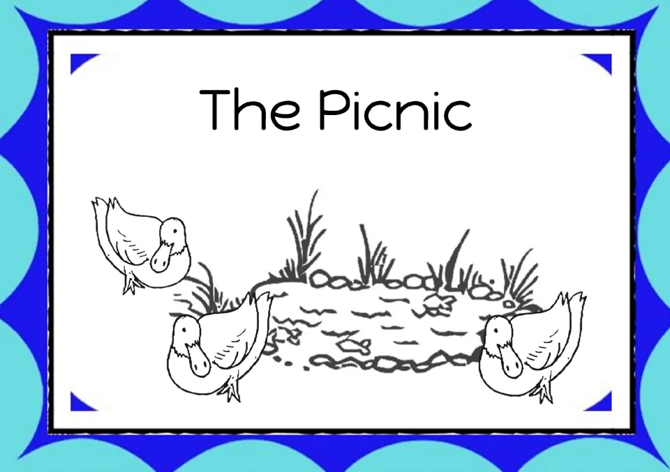 The Picnic story cover: line drawing of three ducks waddling around a grassy pond, opening the oo words reader