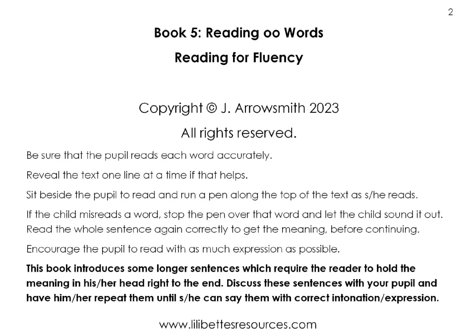 Book 5 Reading oo Words, Reading for Fluency: adult tips on pen tracking, sounding out errors and reading with expression