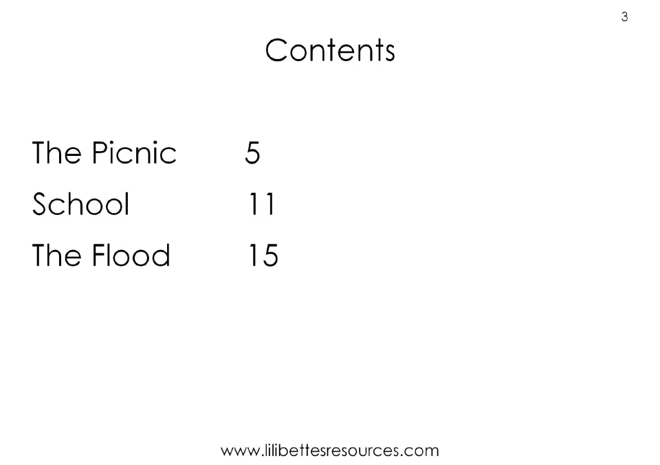 Contents listing three stories with page numbers: The Picnic on page 5, School on page 11 and The Flood on page 15
