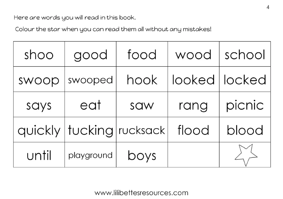 Word reading list of oo and tricky words such as shoo, good, food, school and flood; pupil colours a star when all are read