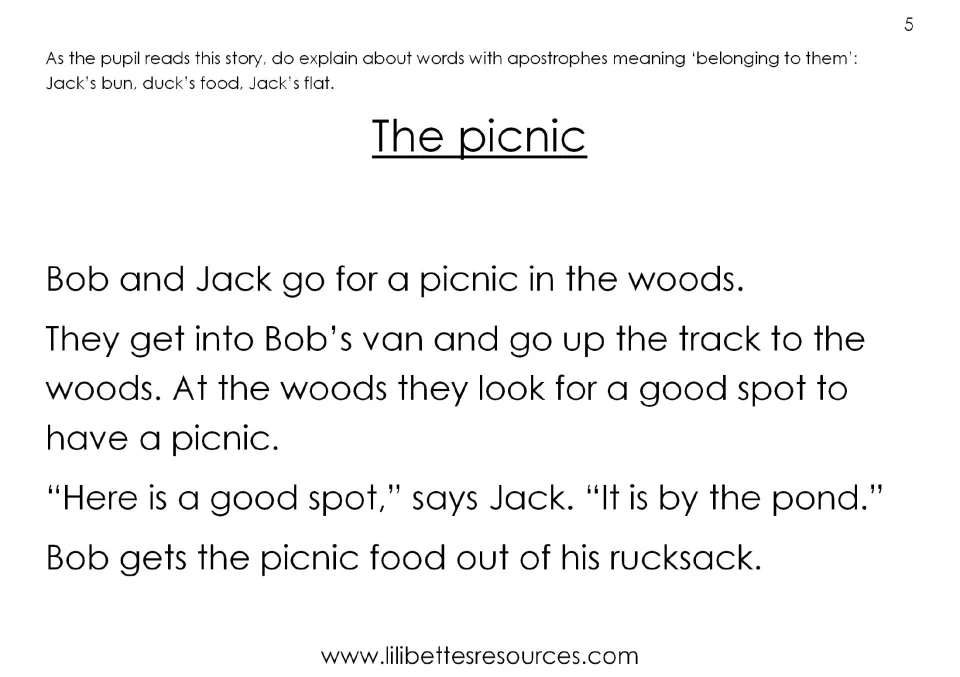 The picnic, story opening: Bob and Jack drive to the woods and pick a good spot by the pond; note on teaching apostrophes