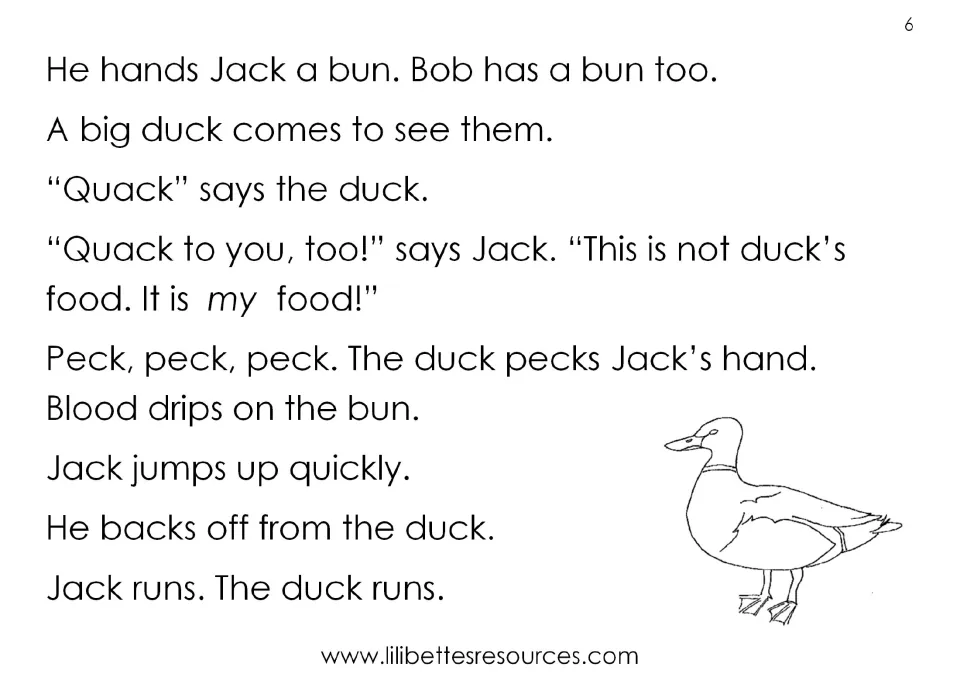 Story page: a big duck comes for the buns, pecks Jack's hand and chases him; decodable oo words like too, food and blood