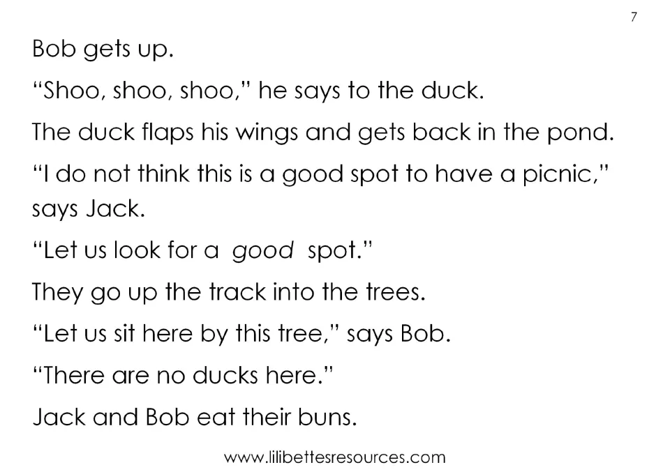 Story page: Bob shoos the duck back into the pond and the friends move up the track to eat their buns by a tree