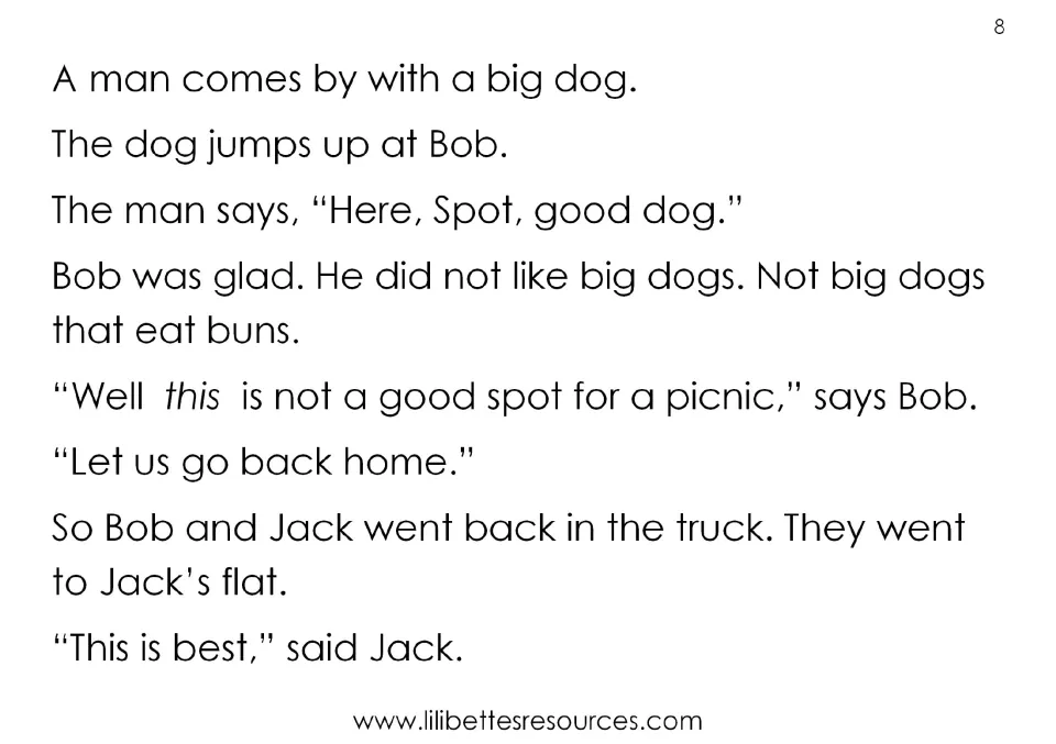 Story page: a man's big dog named Spot jumps up at Bob, so the pair give up and go back to Jack's flat to eat