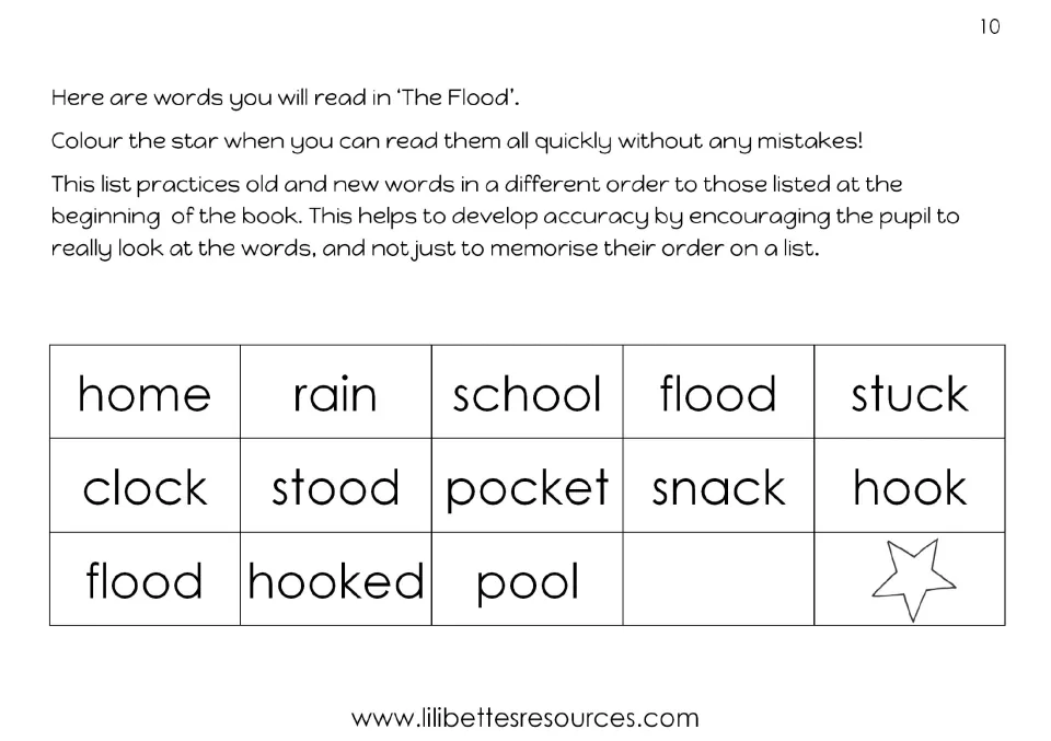 Word list for The Flood mixing old and new words like flood, stood, hook, hooked and pool to read in a new order