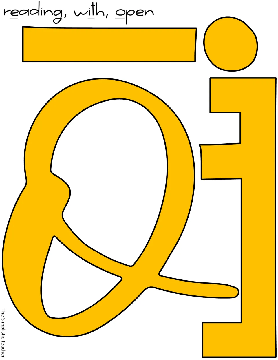 Yellow E, i, and o cutouts for “Reading,” “with,” and “open” in the reading bulletin board or door display