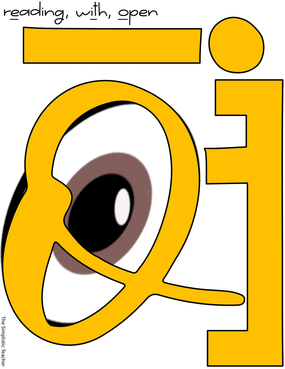 Yellow E, i, and o display cutouts, with an eye inside the o for “open” in the reading display message