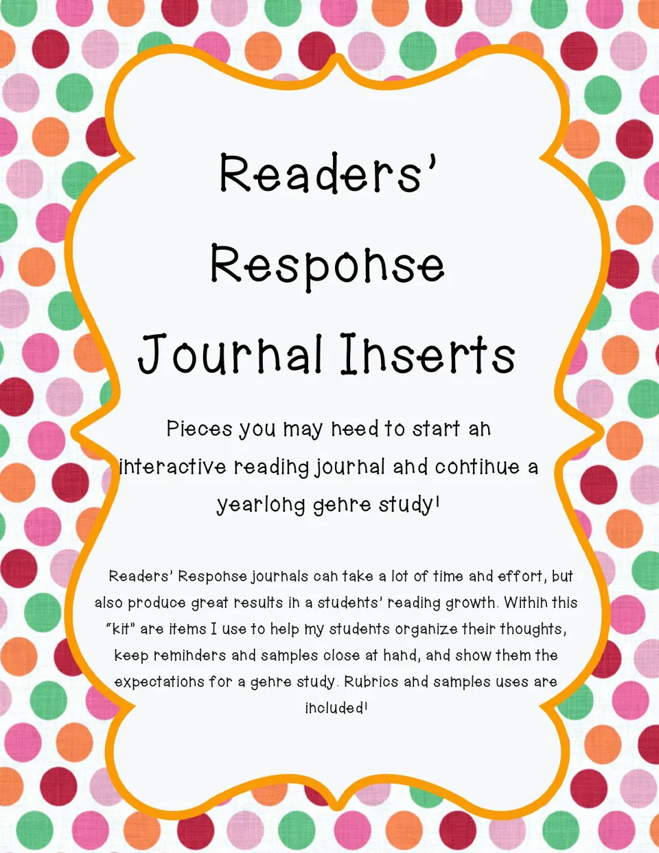 Reading journal insert packet cover introducing an interactive reading journal and yearlong genre study