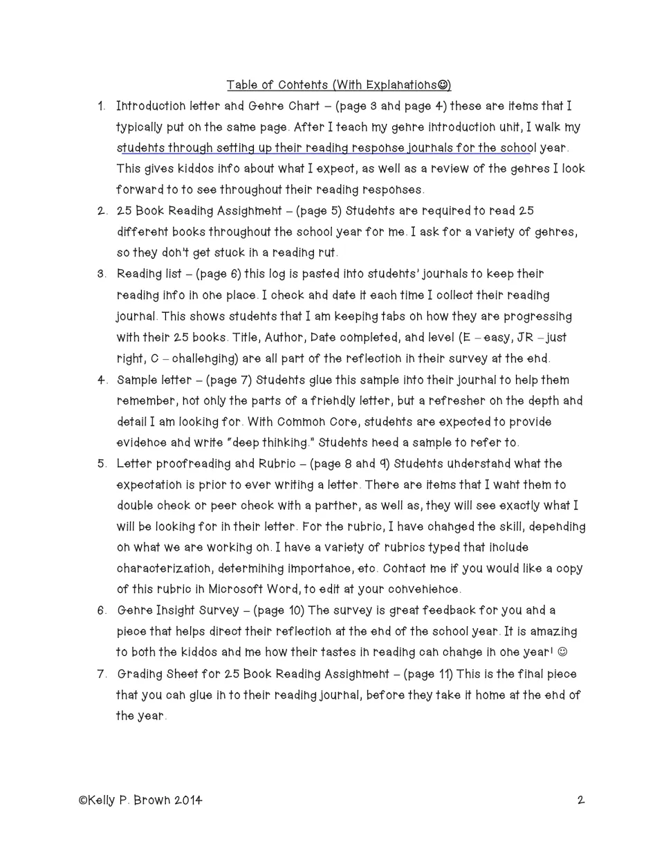Journal packet contents explaining the introduction letter, genre chart, reading assignment, and other inserts