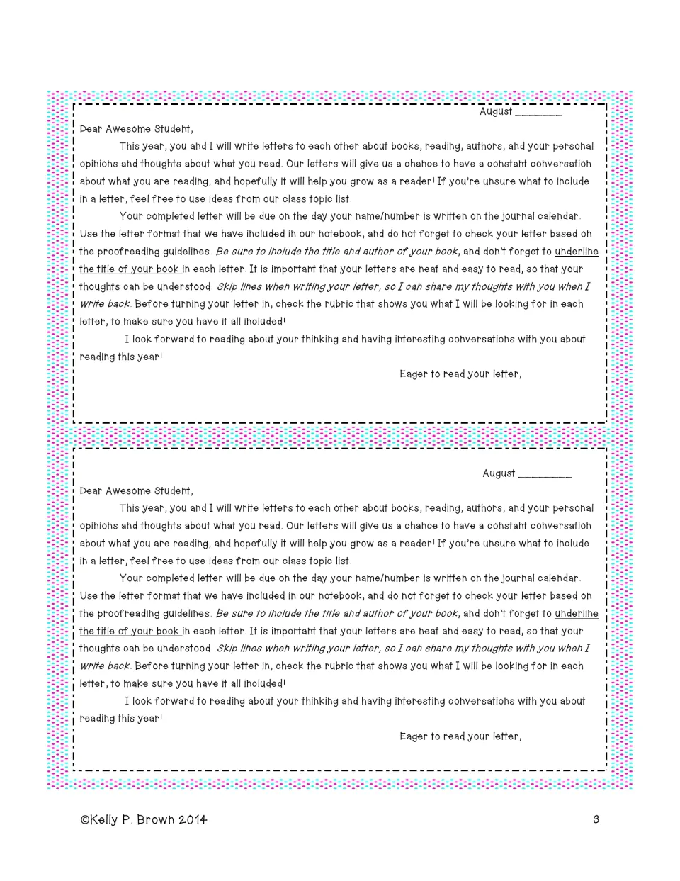 Introduction letter printed twice, explaining book response letters, due dates, proofreading, and the rubric