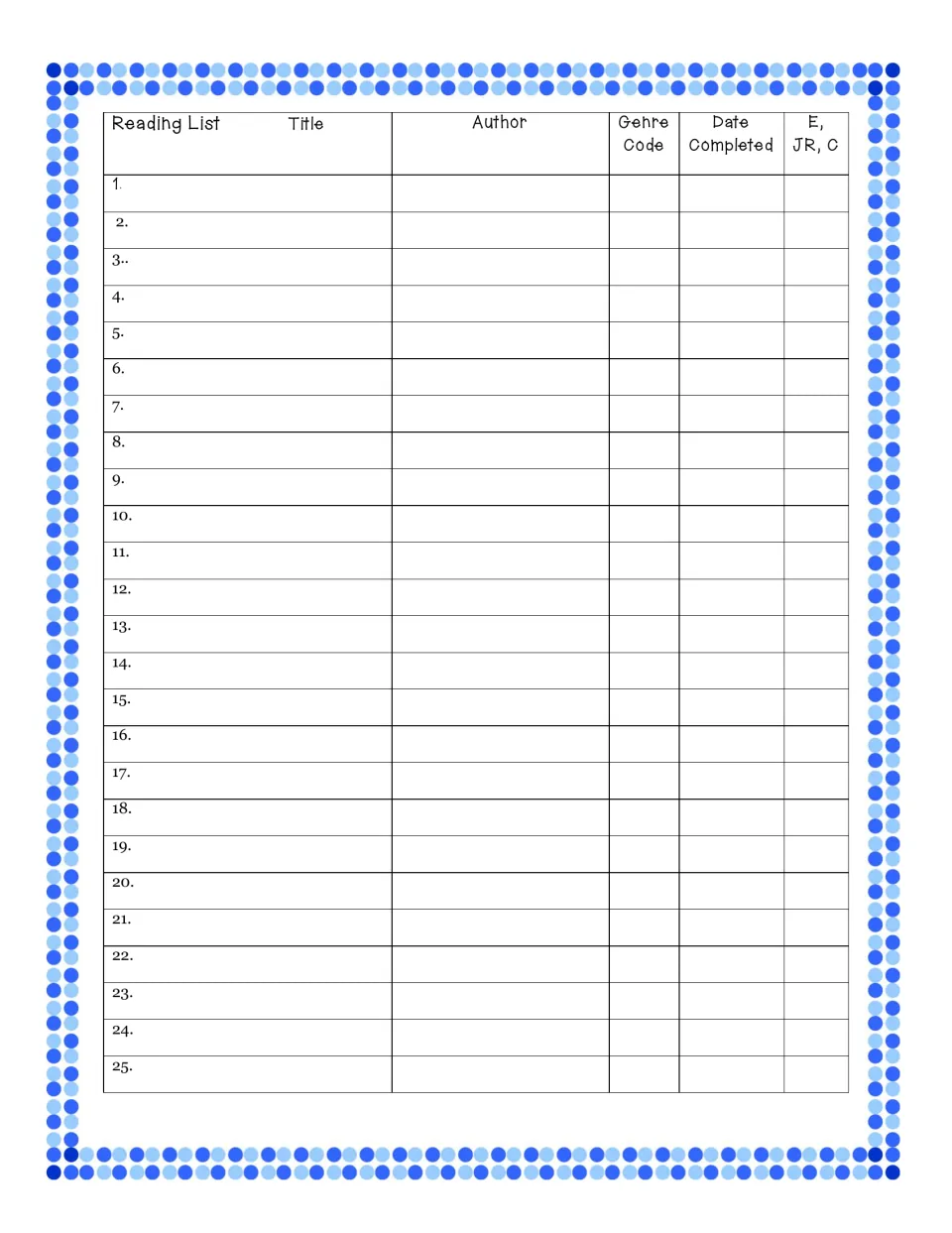 Reading log insert for 25 books recording title, author, genre code, completion date, and reading difficulty