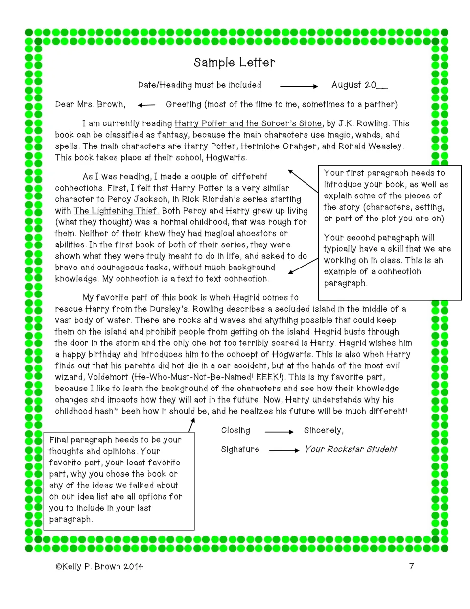 Annotated sample response letter about Harry Potter, modeling book introduction, connections, and opinions