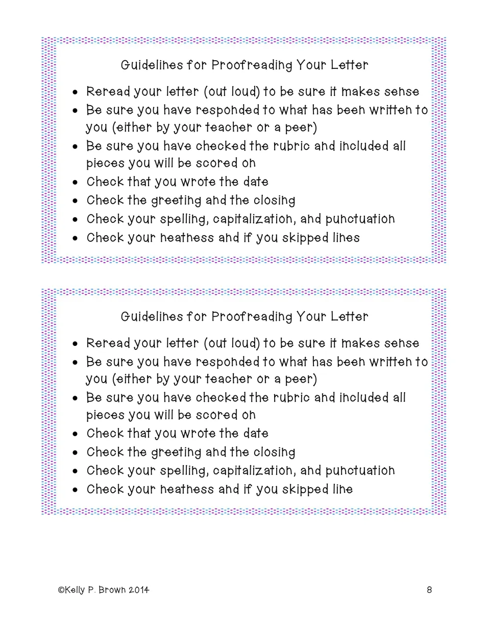 Proofreading guide printed twice, checking response letters for rubric requirements, letter parts, and spelling