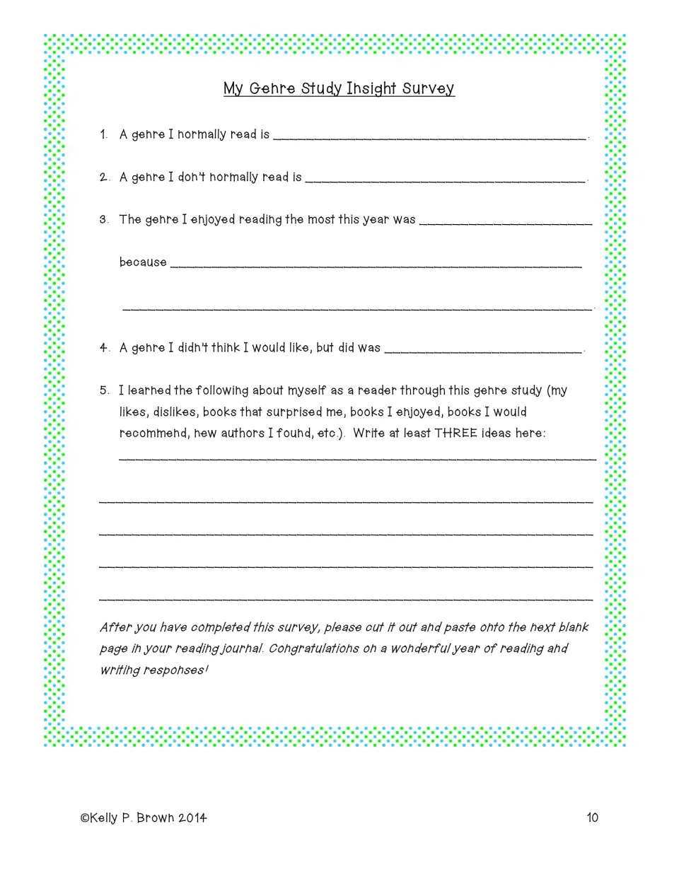 Genre study reflection survey asking about usual reading choices, favorite genres, and discoveries as a reader