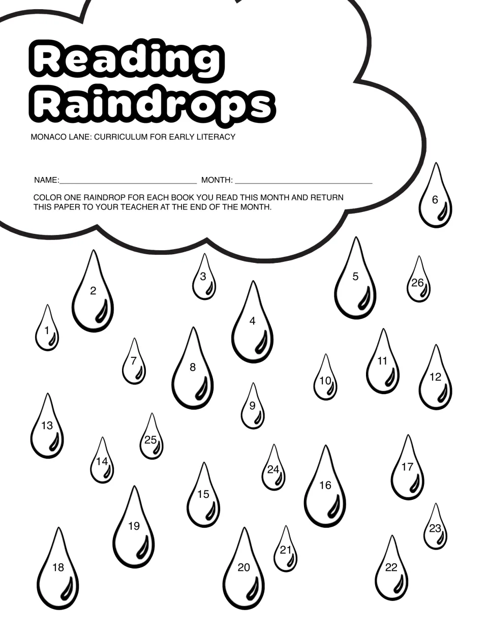 Reading Raindrops log: students color one of 26 numbered raindrops for each book read this month, then return it to teacher