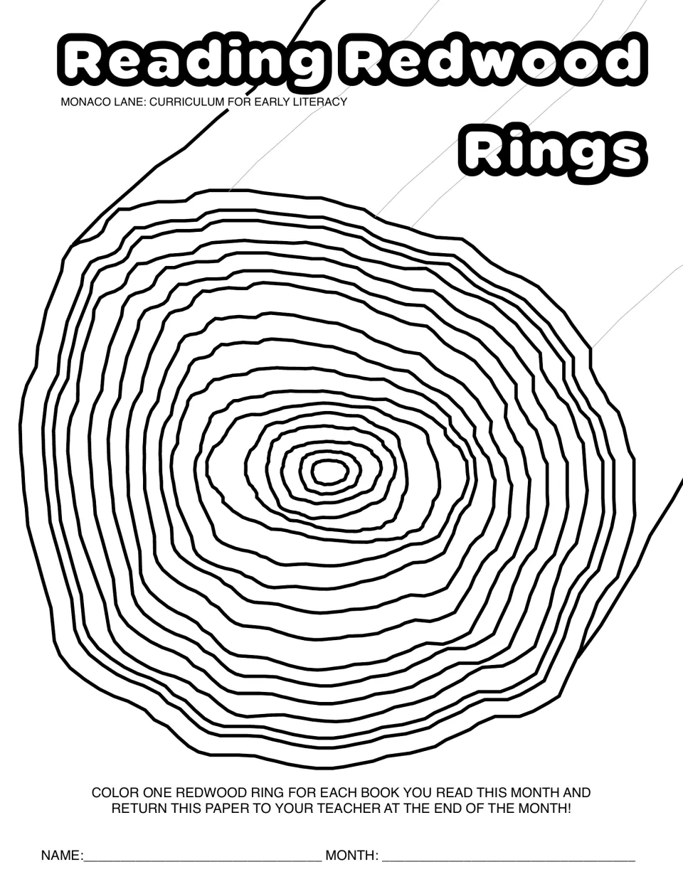 Reading Redwood Rings log: students color one ring of a tree stump cross-section for each book they read during the month