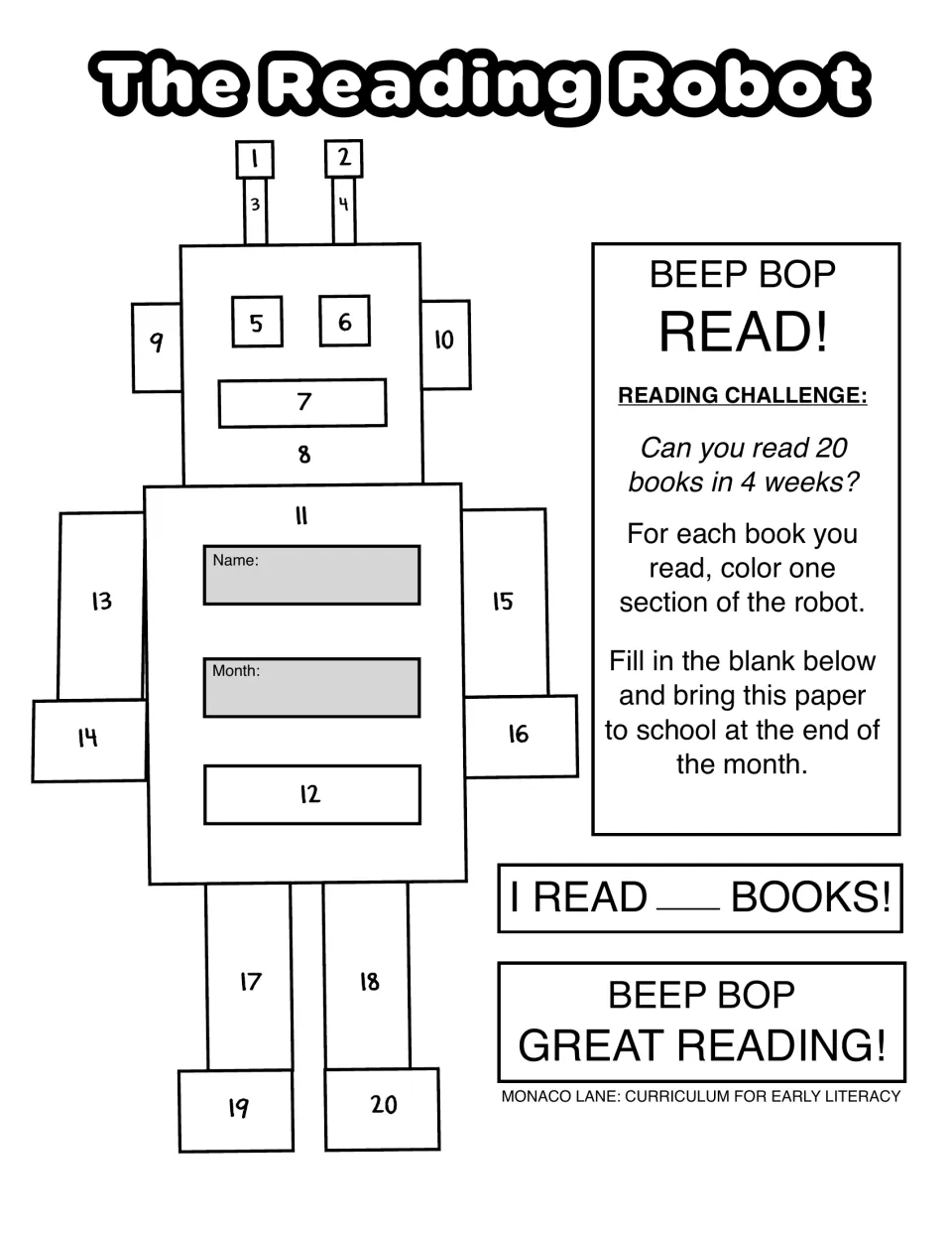 The Reading Robot challenge: color one of 20 numbered robot parts per book, aiming for 20 books in 4 weeks, and record total