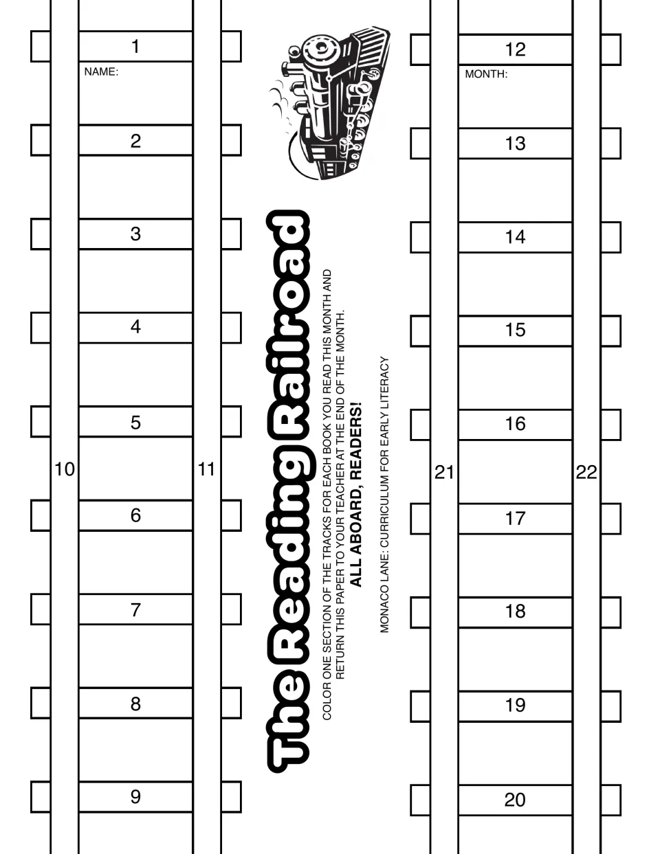 The Reading Railroad log: students color one of 22 numbered railroad track sections for each book read, then return it