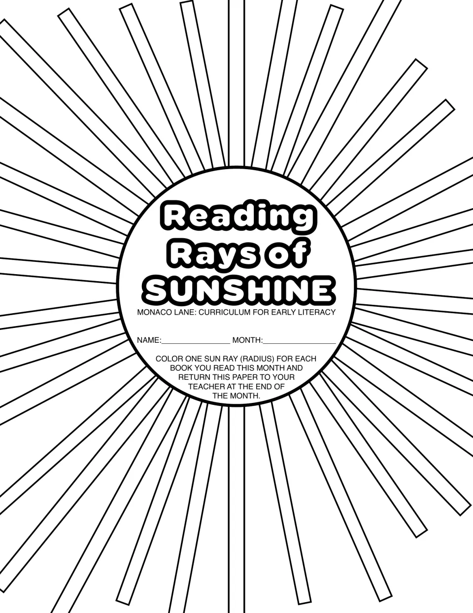 Reading Rays of Sunshine log: students color one sun ray for each book read this month, writing name and month in the sun