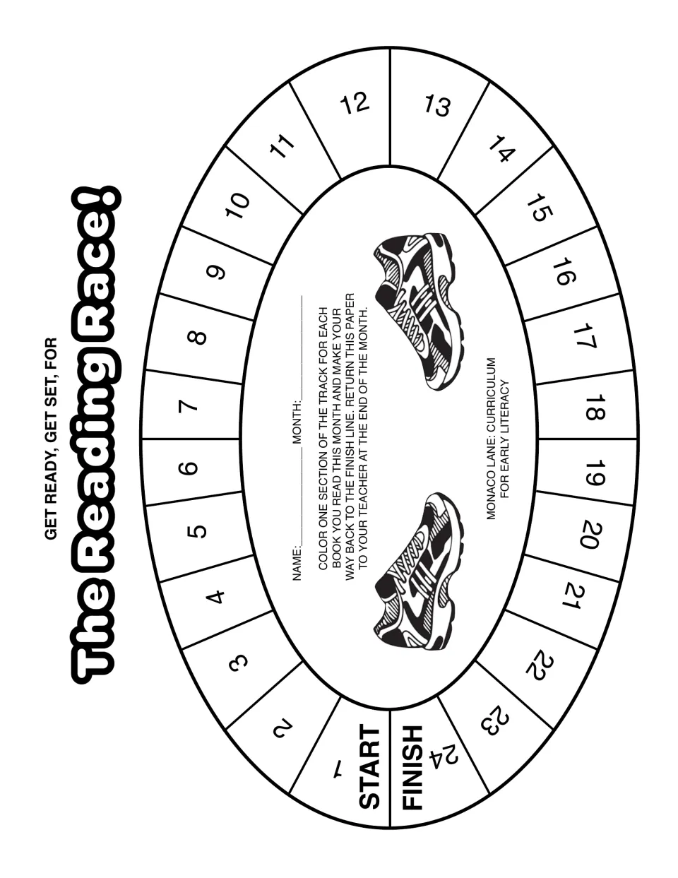 The Reading Race log: students color one of 24 numbered oval track sections per book, moving from START back to FINISH