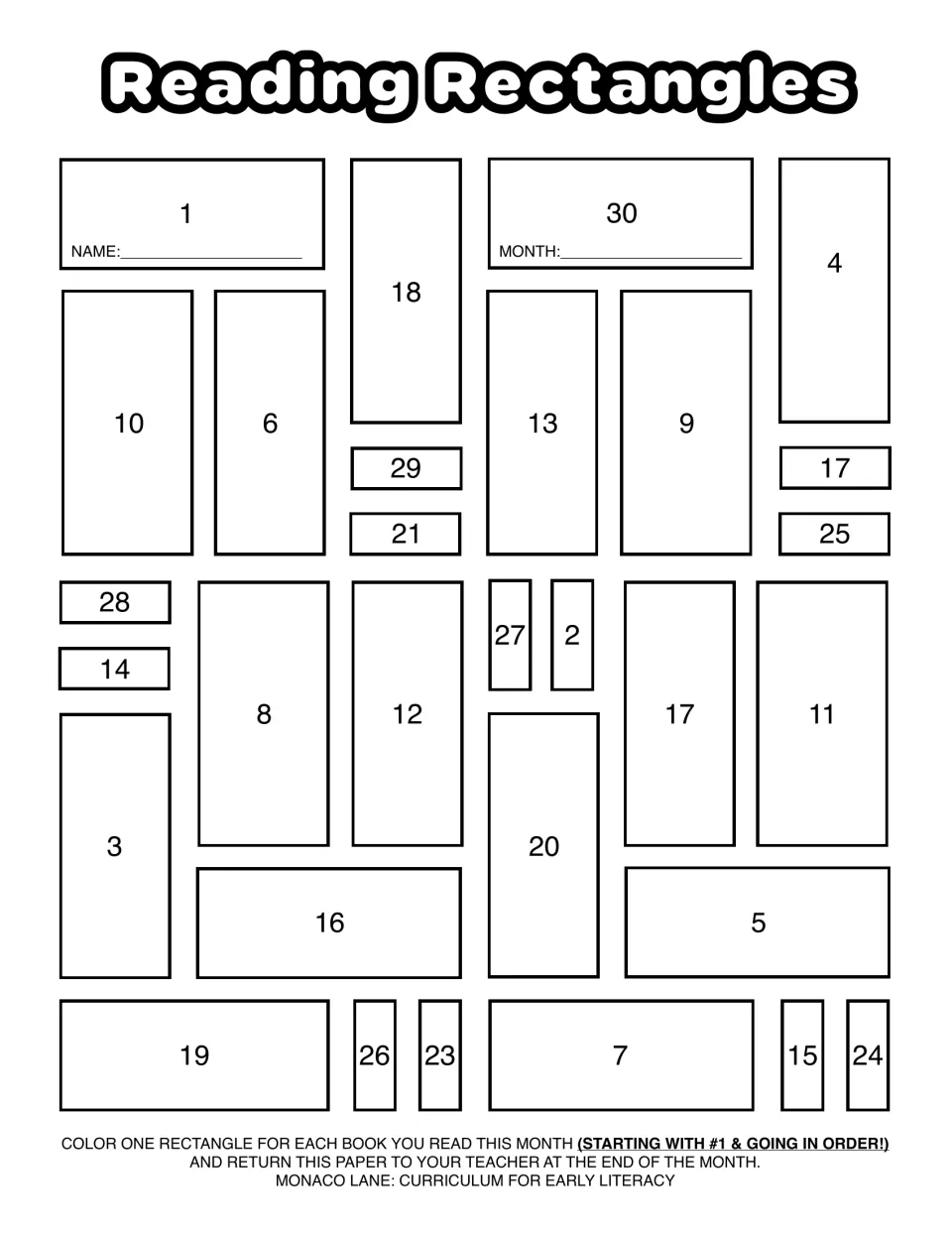 Reading Rectangles log: students color scattered rectangles numbered 1 to 30 in order, one for each book read this month
