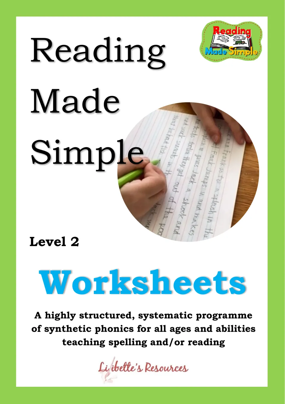 Reading Made Simple Level 2 workbook cover identifying worksheets for synthetic phonics, spelling, and reading