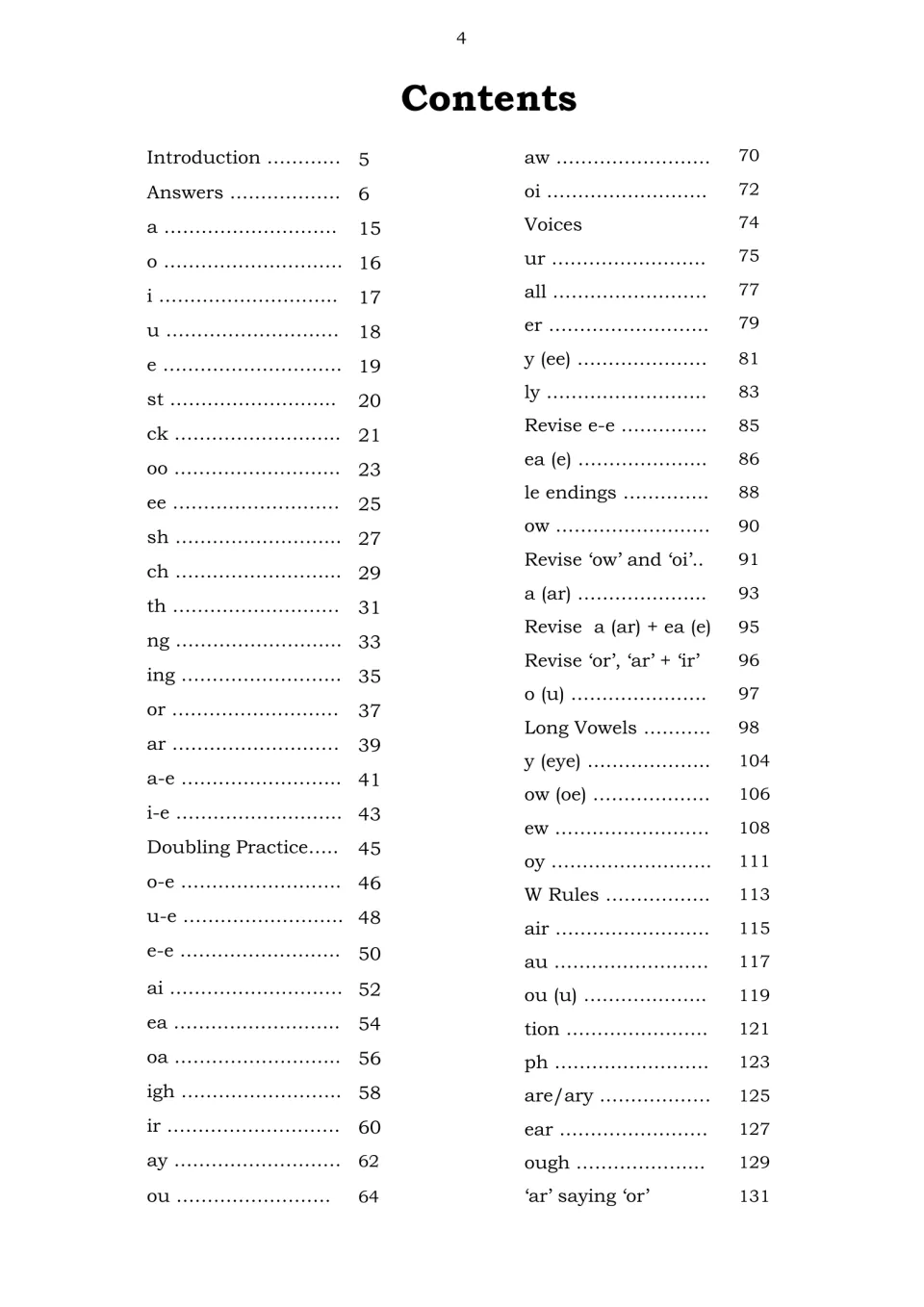 Workbook contents listing the introduction, answers, and phonics topics from short vowels to advanced spellings