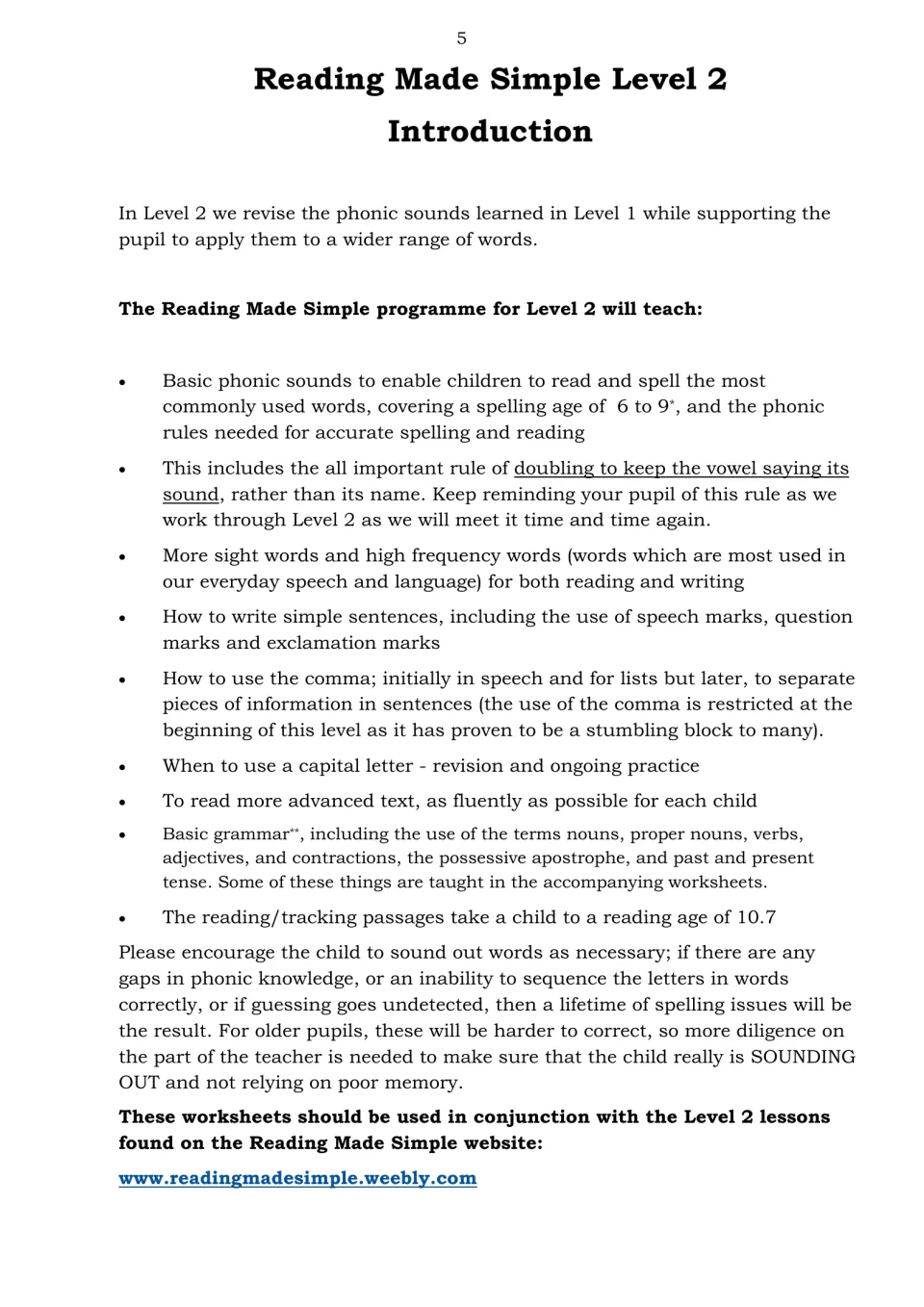 Level 2 introduction outlining phonics review, consonant doubling, sentence punctuation, and basic grammar