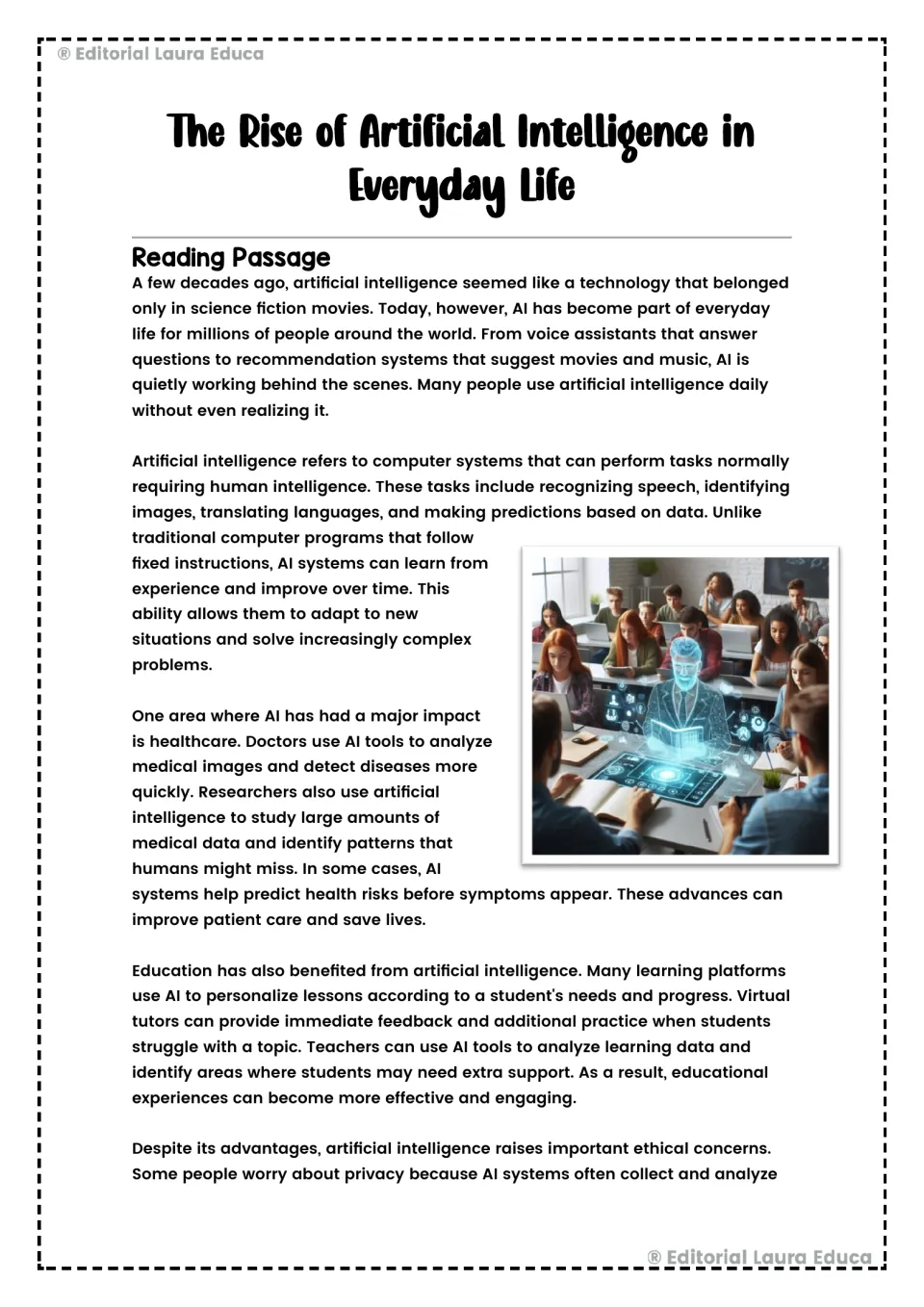 Opening AI reading passage introduces everyday uses, learning from experience, healthcare, and education.