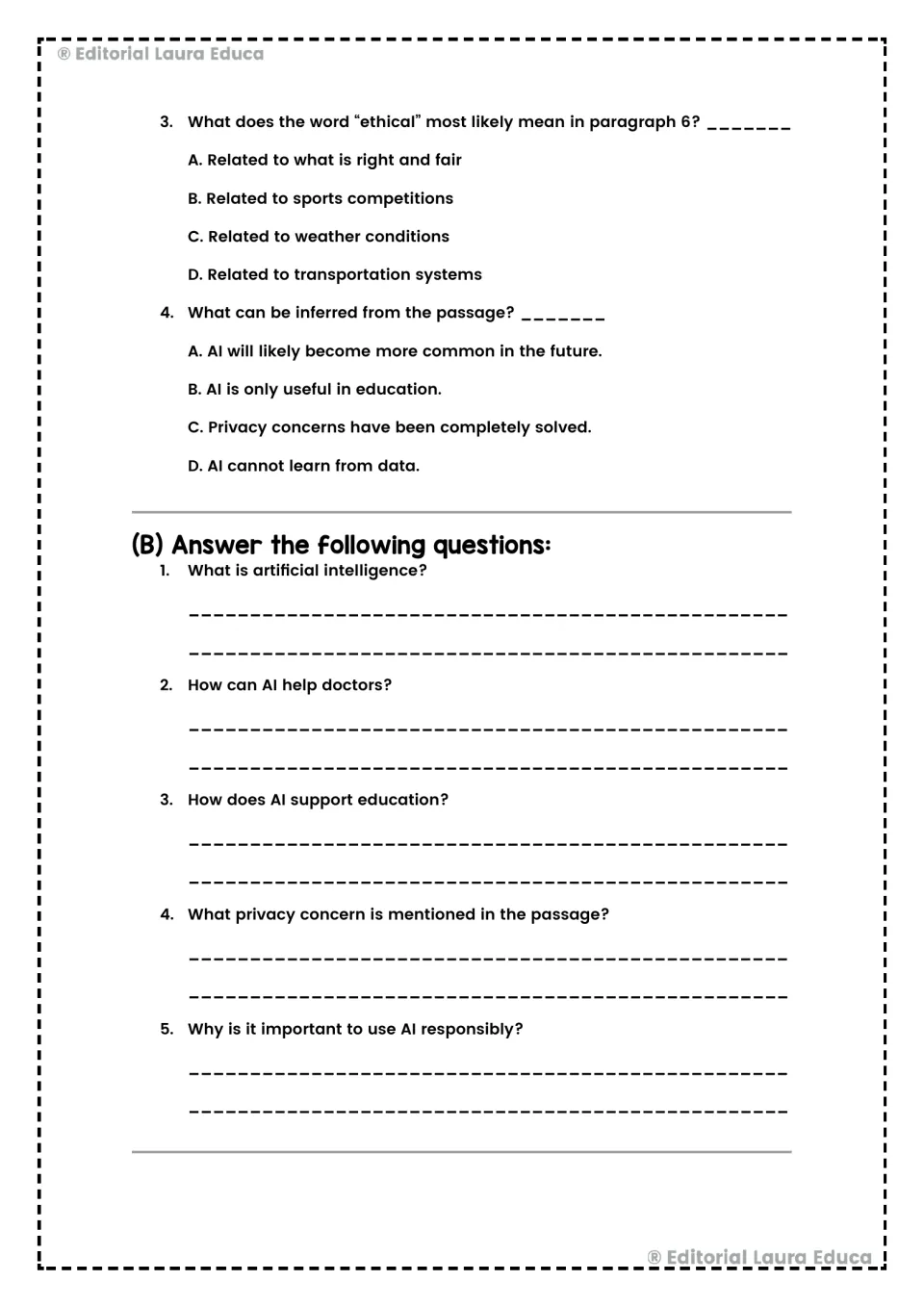 AI comprehension practice asks about ethical meaning and inference, then gives five short-answer questions.