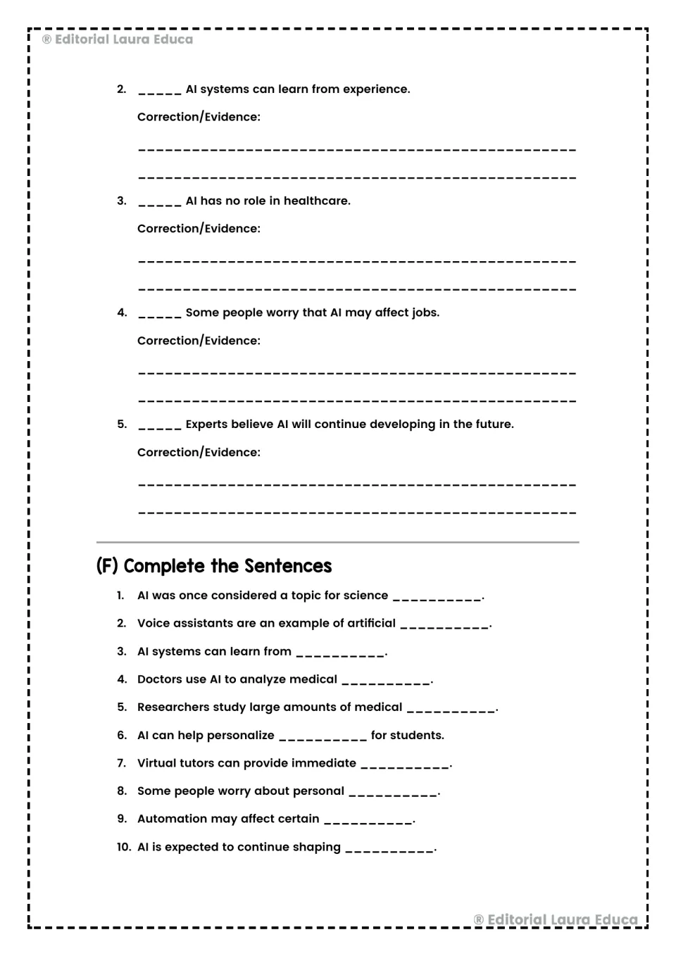 AI practice continues with four true-or-false statements and ten sentence completions about passage details.