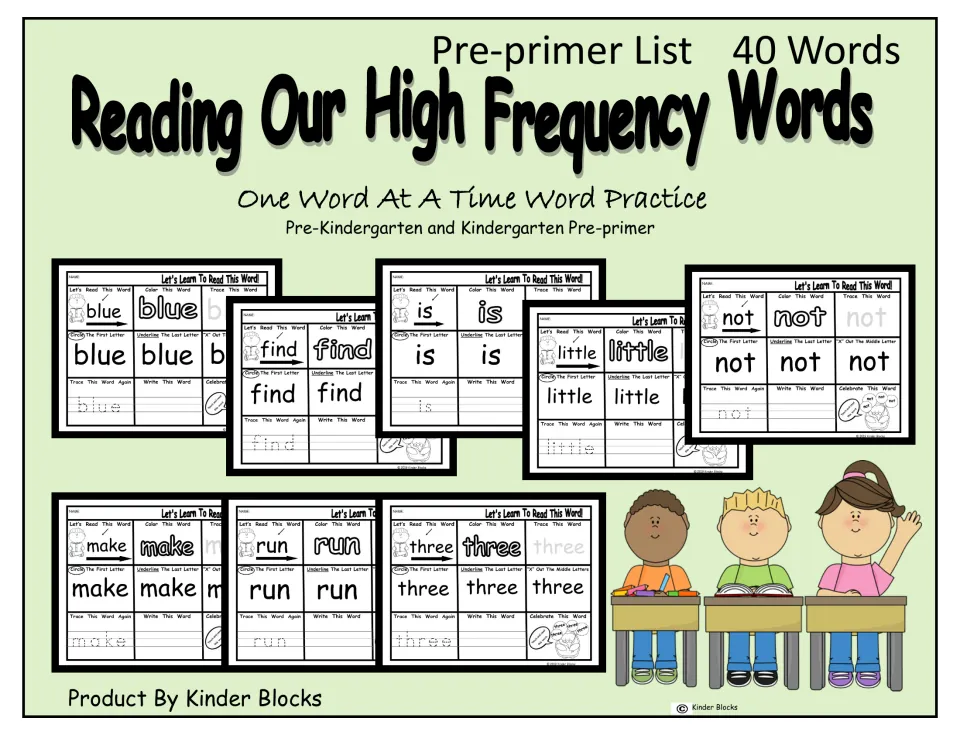 Cover of a 40-word pre-primer practice packet showing sample worksheets for blue, find, is, little, and more