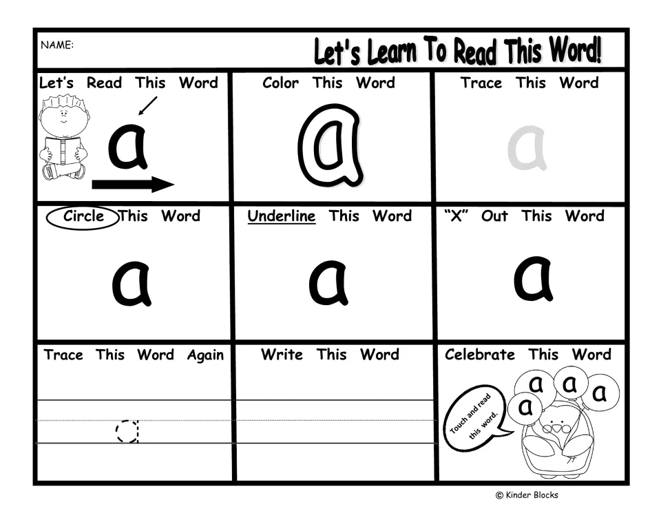 Pre-primer word practice for 'a': read, color, trace, circle, underline, cross out, and write the word.