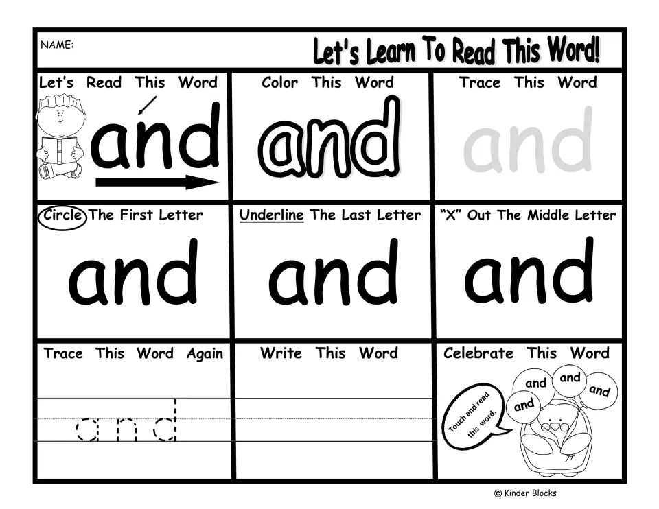 Pre-primer word practice for 'and': read, color, trace, write, and identify first, last, and middle letters.