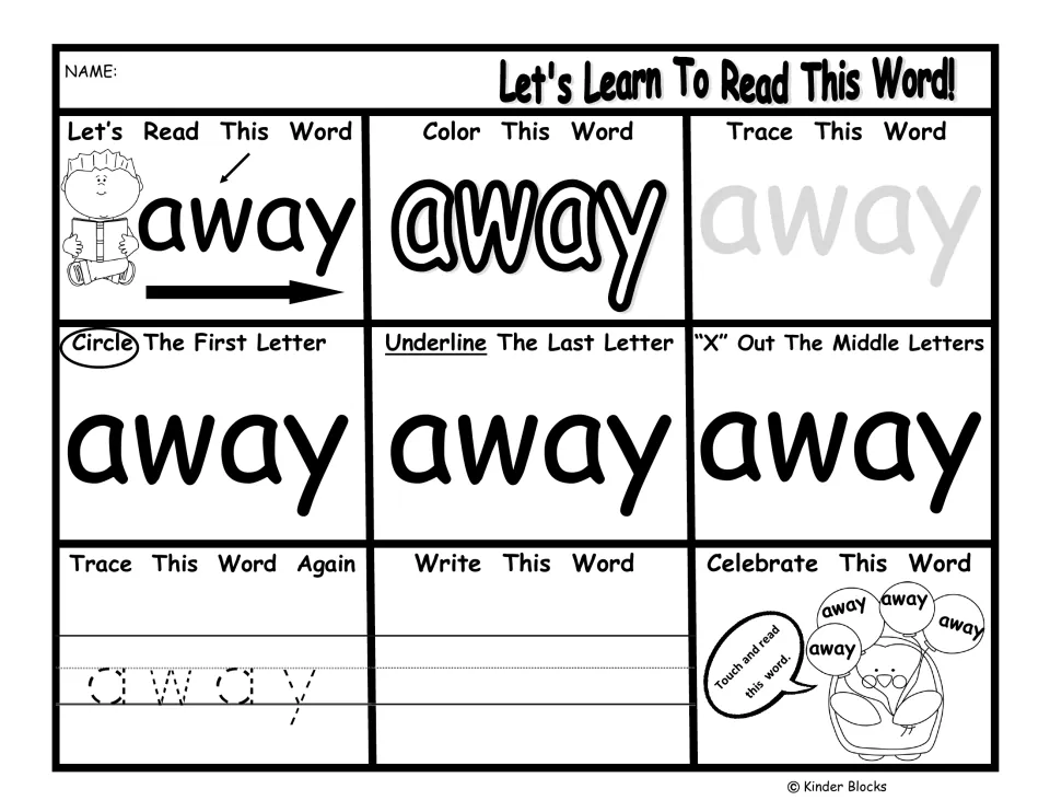 Pre-primer word practice for 'away': read, color, trace, write, and identify first, last, and middle letters.