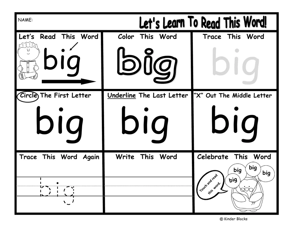 Pre-primer word practice for 'big': read, color, trace, write, and identify first, last, and middle letters.