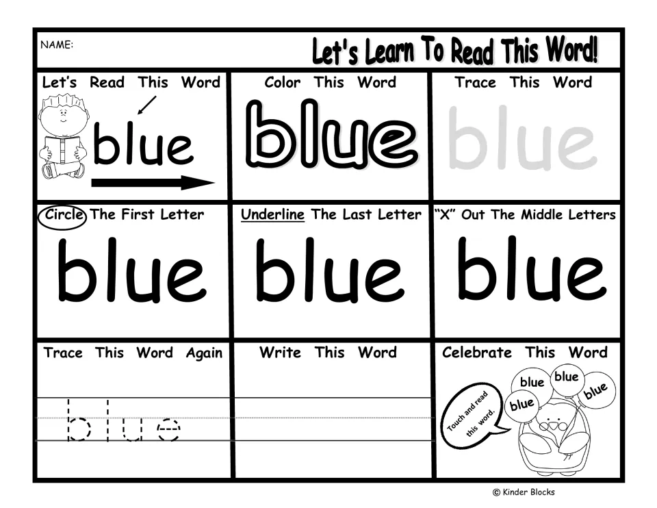 Pre-primer word practice for 'blue': read, color, trace, write, and identify first, last, and middle letters.