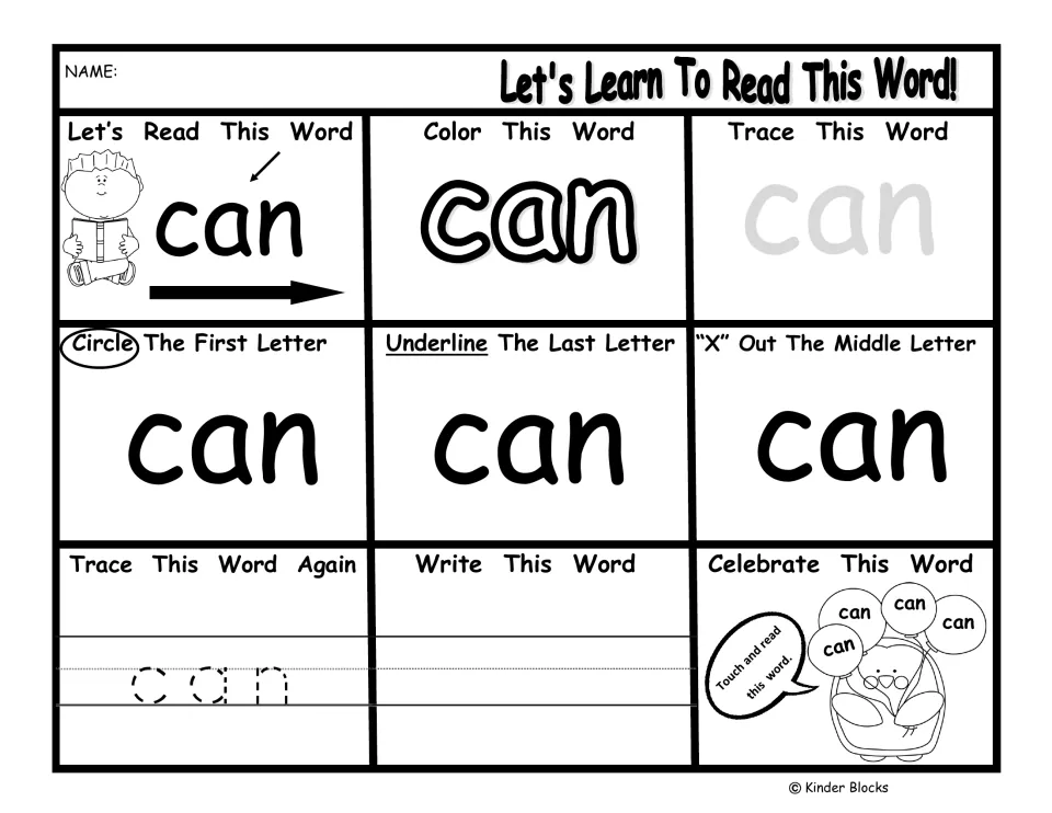 Pre-primer word practice for 'can': read, color, trace, write, and identify first, last, and middle letters.