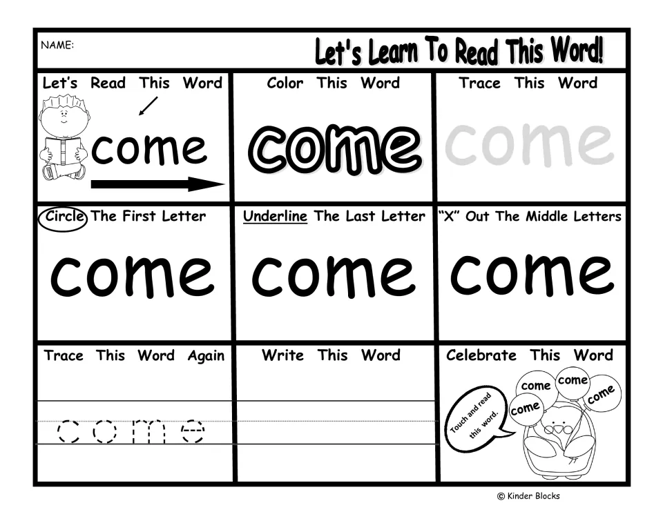 Pre-primer word practice for 'come': read, color, trace, write, and identify first, last, and middle letters.