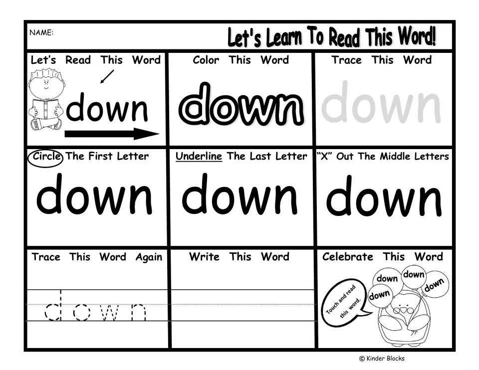 Pre-primer word practice for 'down': read, color, trace, write, and identify first, last, and middle letters.