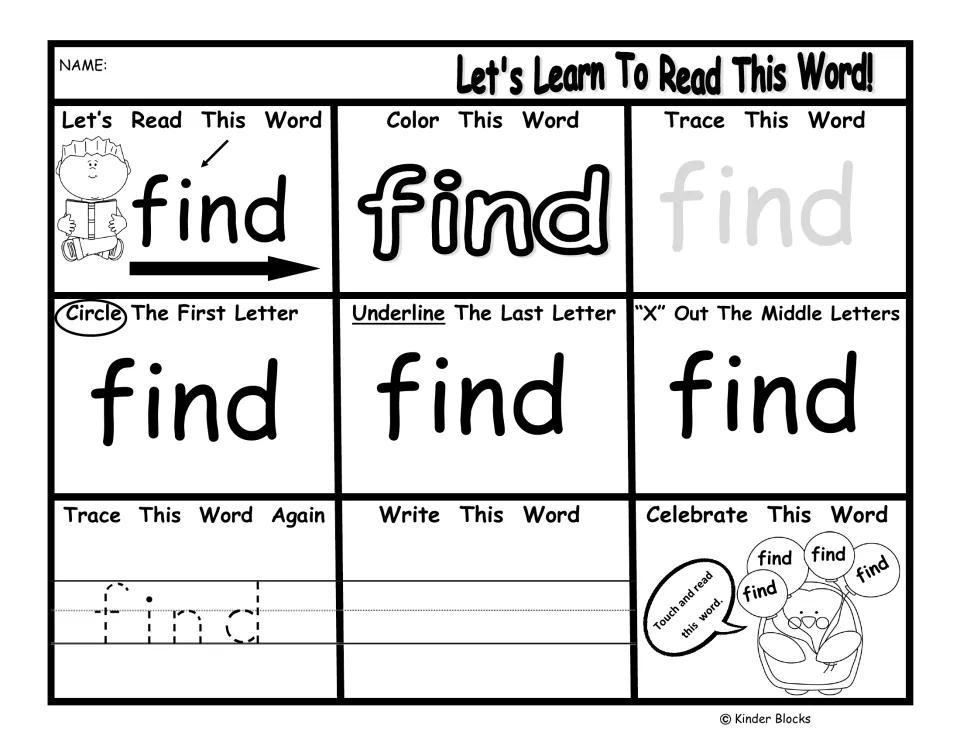 Pre-primer word practice for 'find': read, color, trace, write, and identify first, last, and middle letters.