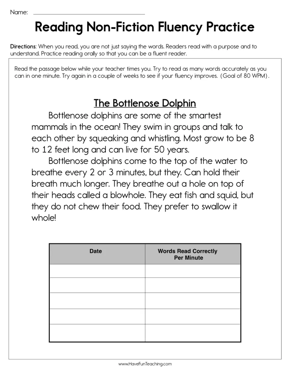 The Bottlenose Dolphin timed oral fluency passage: students read for one minute and log words read correctly by date