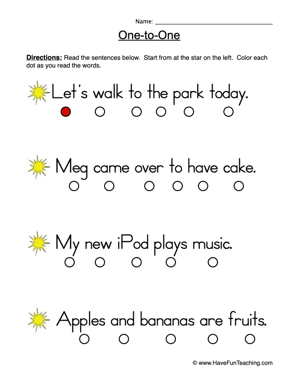 One-to-One word matching: students read 4 short sentences from the star and color one dot under each word they read