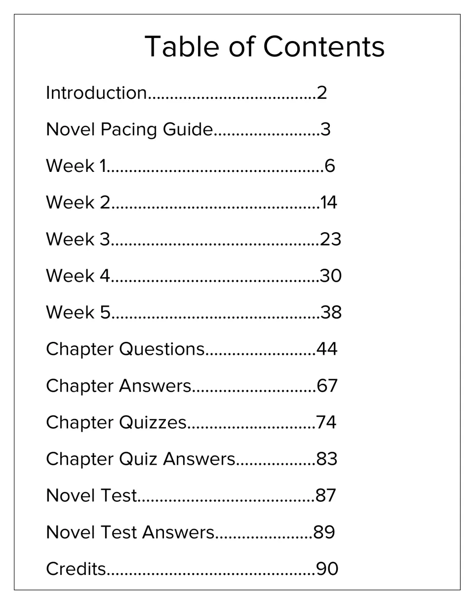 Full reading packet contents listing five weeks, chapter questions, quizzes, a novel test, and answer sections