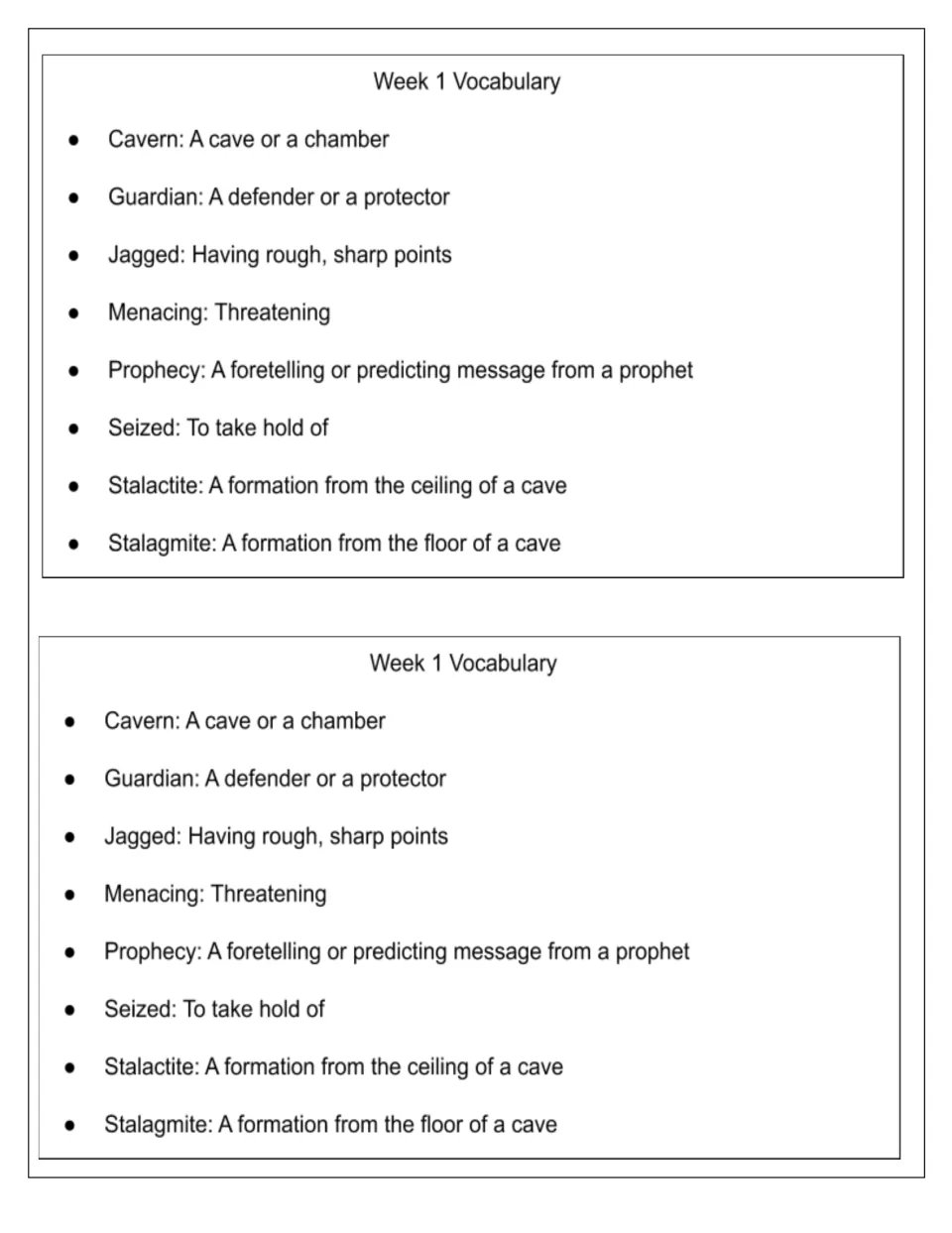 Week 1 vocabulary list printed twice, defining cavern, guardian, jagged, menacing, and four more words
